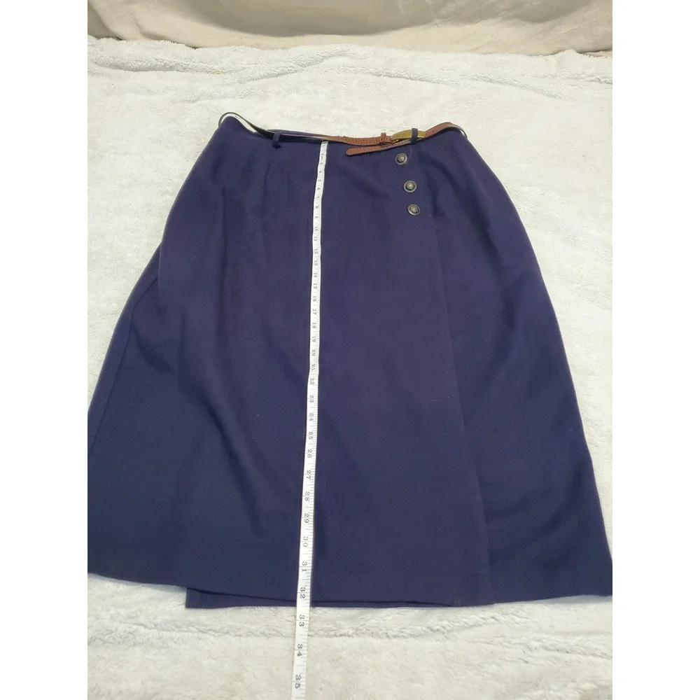 Vintage Navy Blue Wool A Line Wrap Belted Skirt 20W Academia Twee Office Classic - Picture 7 of 9